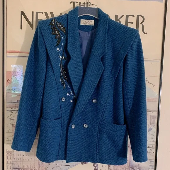 Vintage Fly Over cobalt tweed skirt suit with embroidery and rhinestones size 9 - Picture 2 of 15